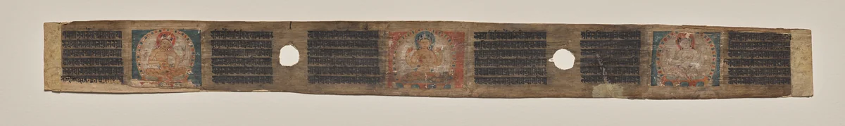 Prajnaparamita ﬂanked by two female ﬁgures, folio 1 (verso), from a Manuscript of the Perfection of Wisdom in Eight Thousand Lines (Ashtasahasrika Prajnaparamita-sutra) by Unknown, painting, 1119