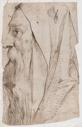 Head of a Bearded Man Wearing a Hood in Profile Facing Left by Giuseppe Cesari, drawing, 1636-1638
