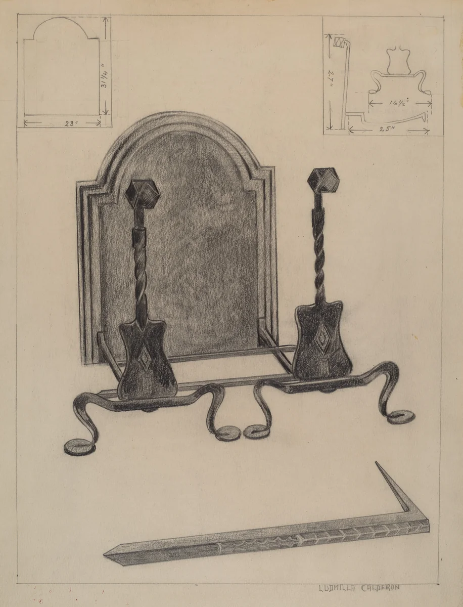 Andirons and Fireback by Ludmilla Calderon, index of american design, 1936