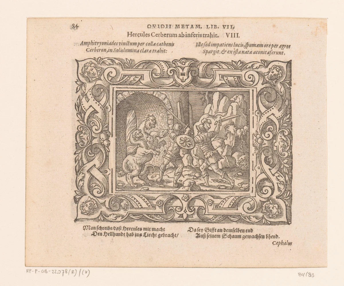 Hercules en Cerberus by Virgilius Solis, print, 1569