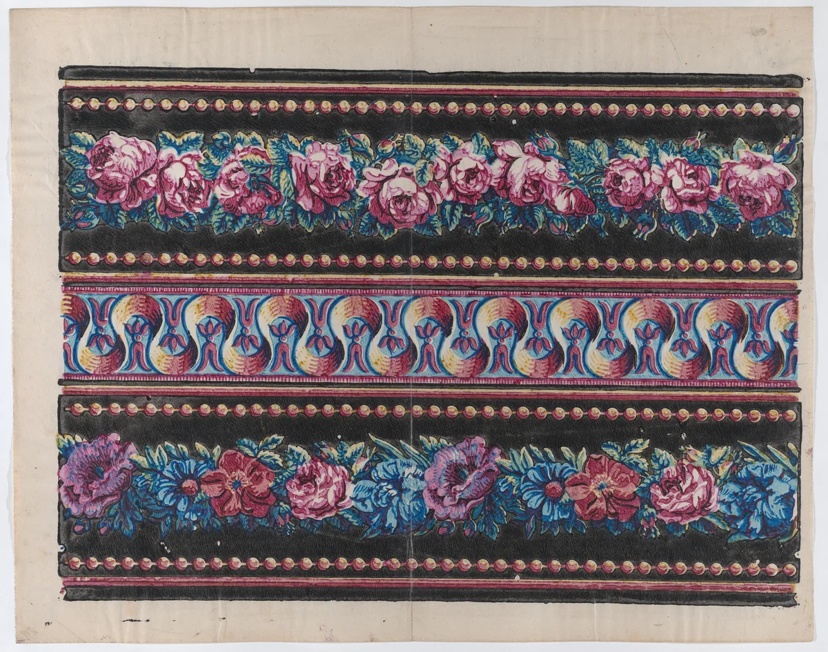Sheet with a border with pink and multicolor floral garlands on a black background by anonymous, print, 1775-1875