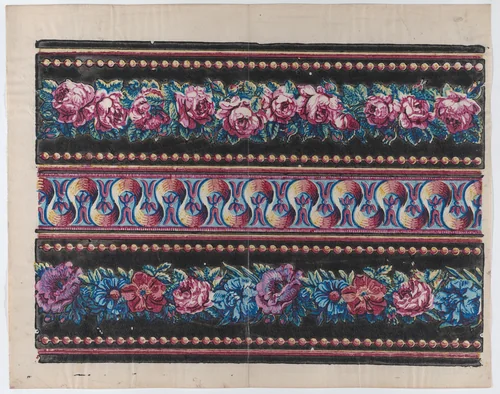 Sheet with a border with pink and multicolor floral garlands on a black background by anonymous, print, 1775-1875