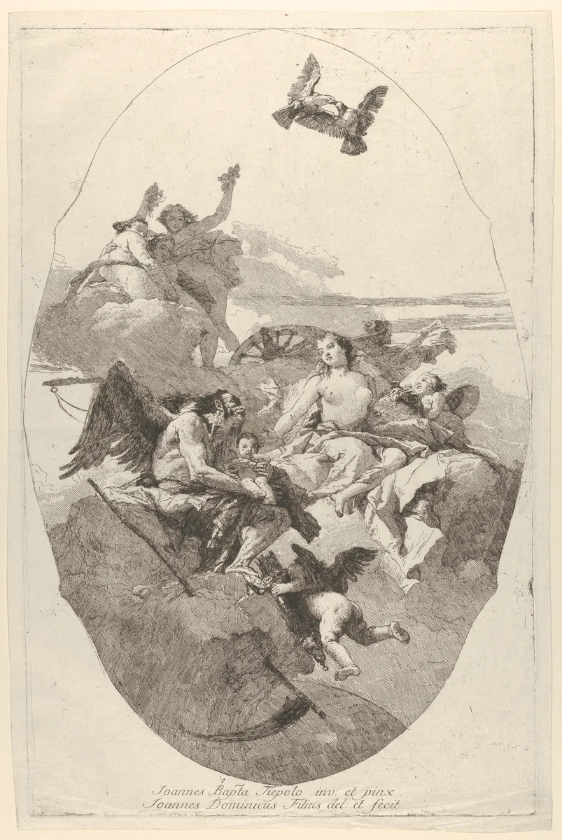 Venus entrusting Cupid to Time by Giovanni Domenico Tiepolo, print, 1758-1780
