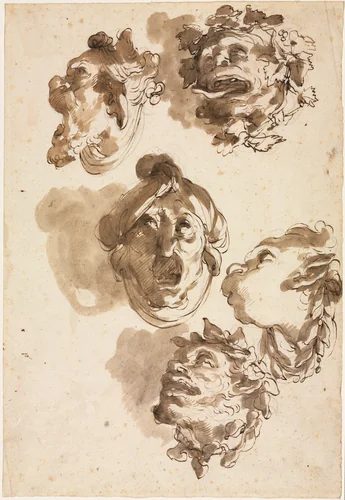 Five Grotesque Heads by Gaetano Gandolfi, drawing, 1750-1800