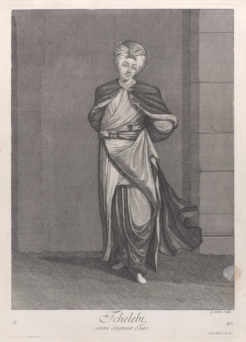 Tchelebi, jeune seigneur Turc, plate 40 from "Recueil de cent estampes représentent differentes nations du Levant" by Jean Baptiste Vanmour, print, 1714-1715