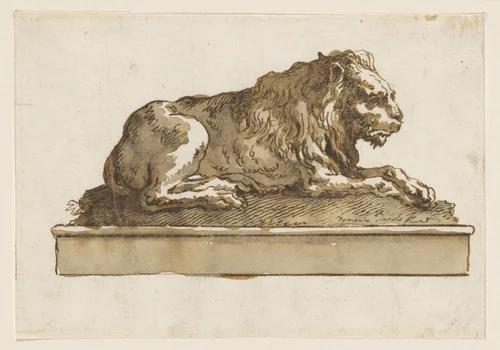 A Lion, Lying Toward the Right (on a Base) by Giovanni Domenico Tiepolo, drawing, 1736-1804
