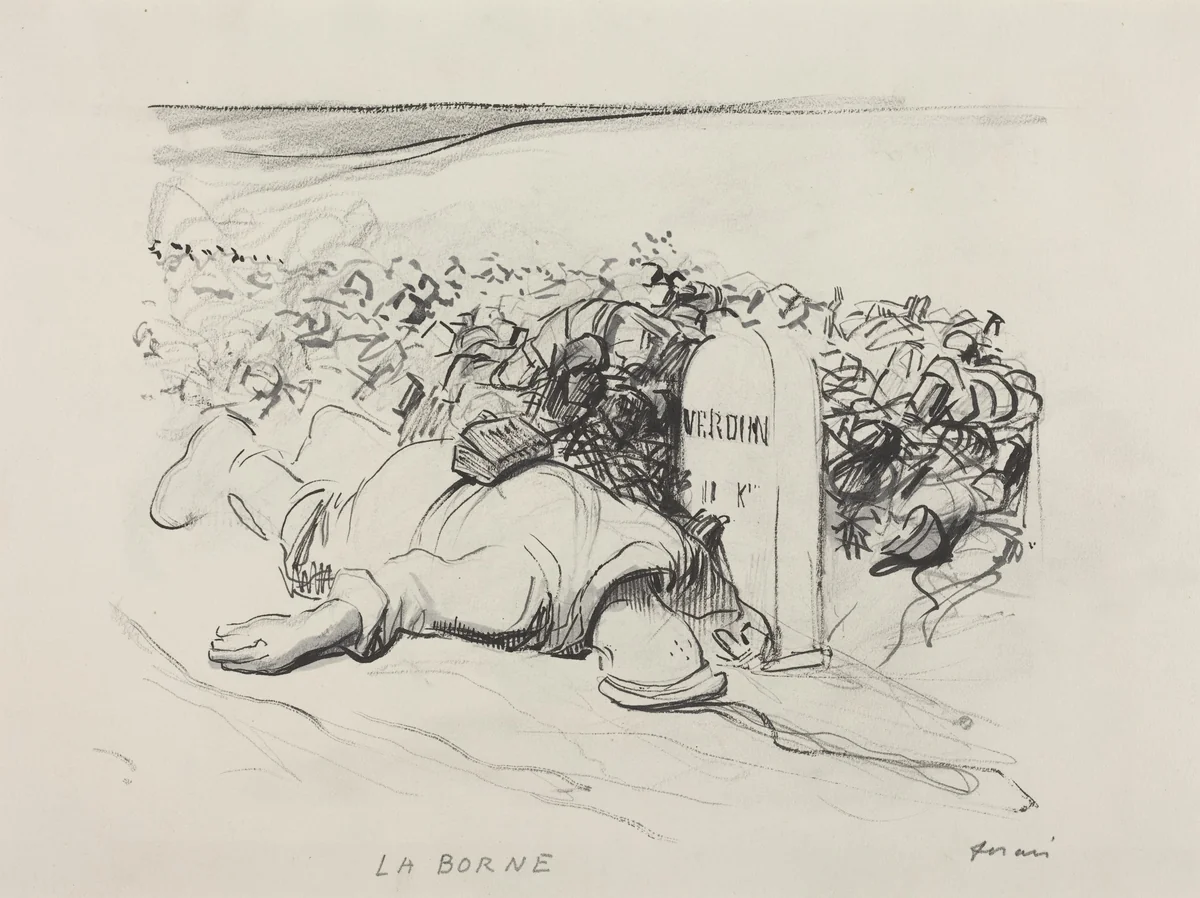 a) La Borne, Verdun (recto); b) Wounded Soldier and First-Aid Man (verso) by Jean-Louis Forain, drawing, 1916