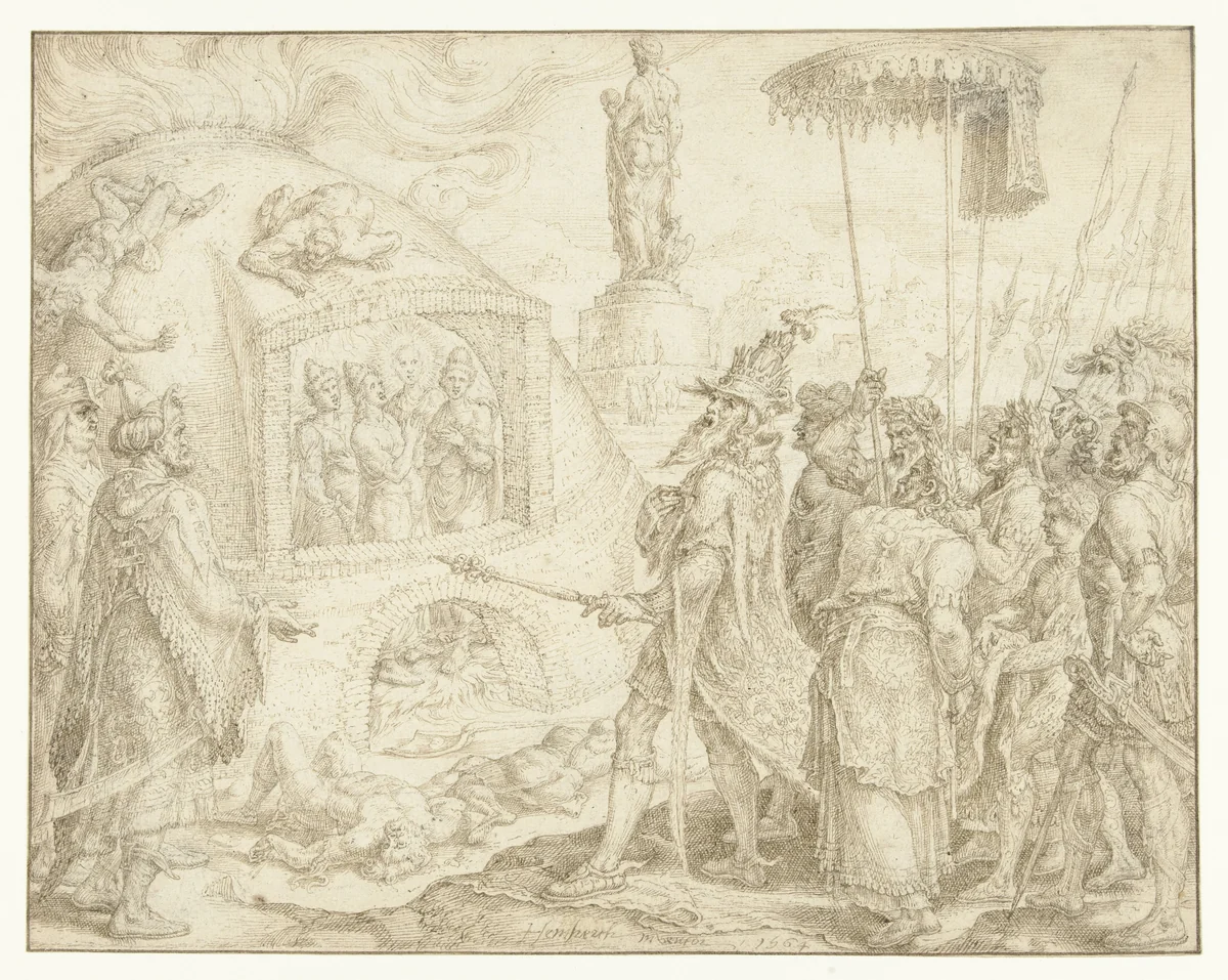 Nebukadnezar in verwondering over de aanwezigheid van vier jongelingen in de vurige oven by Maarten van Heemskerck, drawing, 1564