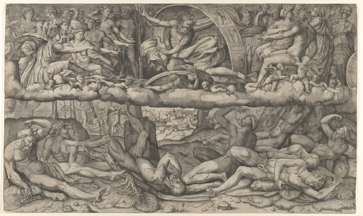 Fall of the Giants, Jupiter in the clouds overhead striking the Giants with lightning by Girolamo Fagiuoli, print, 1534-1554