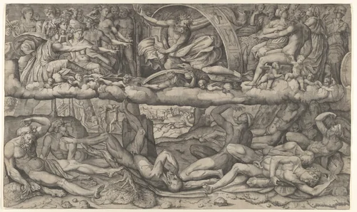Fall of the Giants, Jupiter in the clouds overhead striking the Giants with lightning by Girolamo Fagiuoli, print, 1534-1554