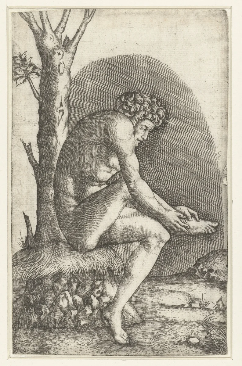Zittende naakte man bekijkt wond aan voet by Marcantonio Raimondi, print, 1510-1527
