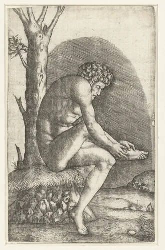 Zittende naakte man bekijkt wond aan voet by Marcantonio Raimondi, print, 1510-1527
