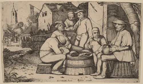 Peasants Lunching in Open Air by Esaias van de Velde, print, 1590-1630