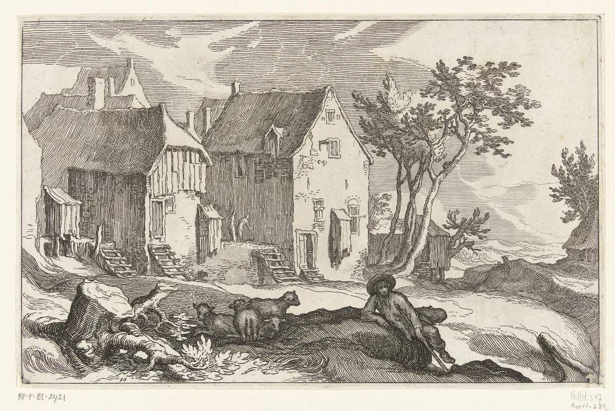 Boerderij en herder met schapen by Boëtius Adamsz. Bolswert, print, 1614