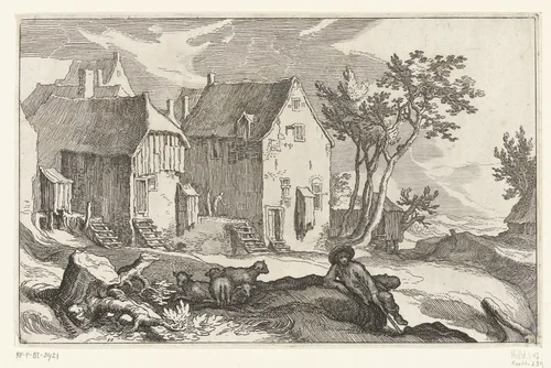 Boerderij en herder met schapen by Boëtius Adamsz. Bolswert, print, 1614