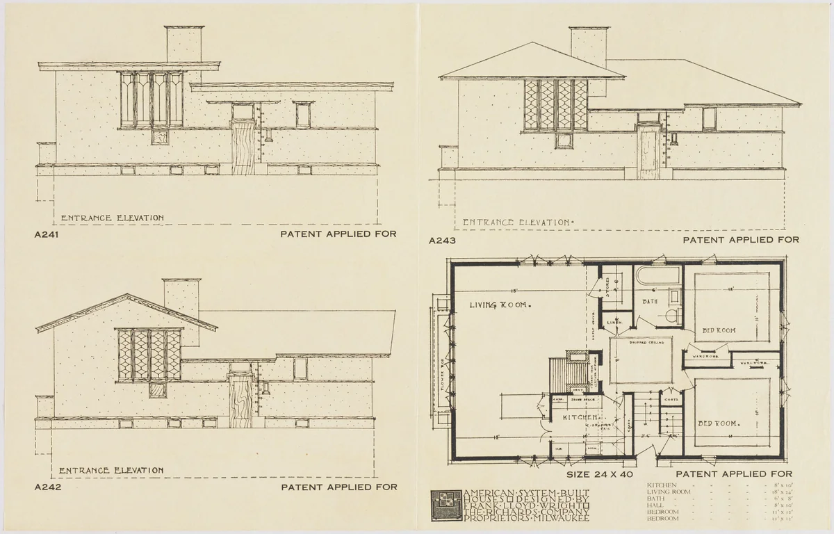 American System-Built Houses for The Richards Company, project, Milwaukee, Wisconsin, Three Elevations for one Plan by Frank Lloyd Wright, architecture, 1915