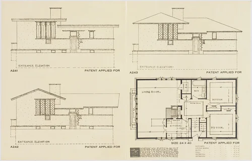 American System-Built Houses for The Richards Company, project, Milwaukee, Wisconsin, Three Elevations for one Plan by Frank Lloyd Wright, architecture, 1915