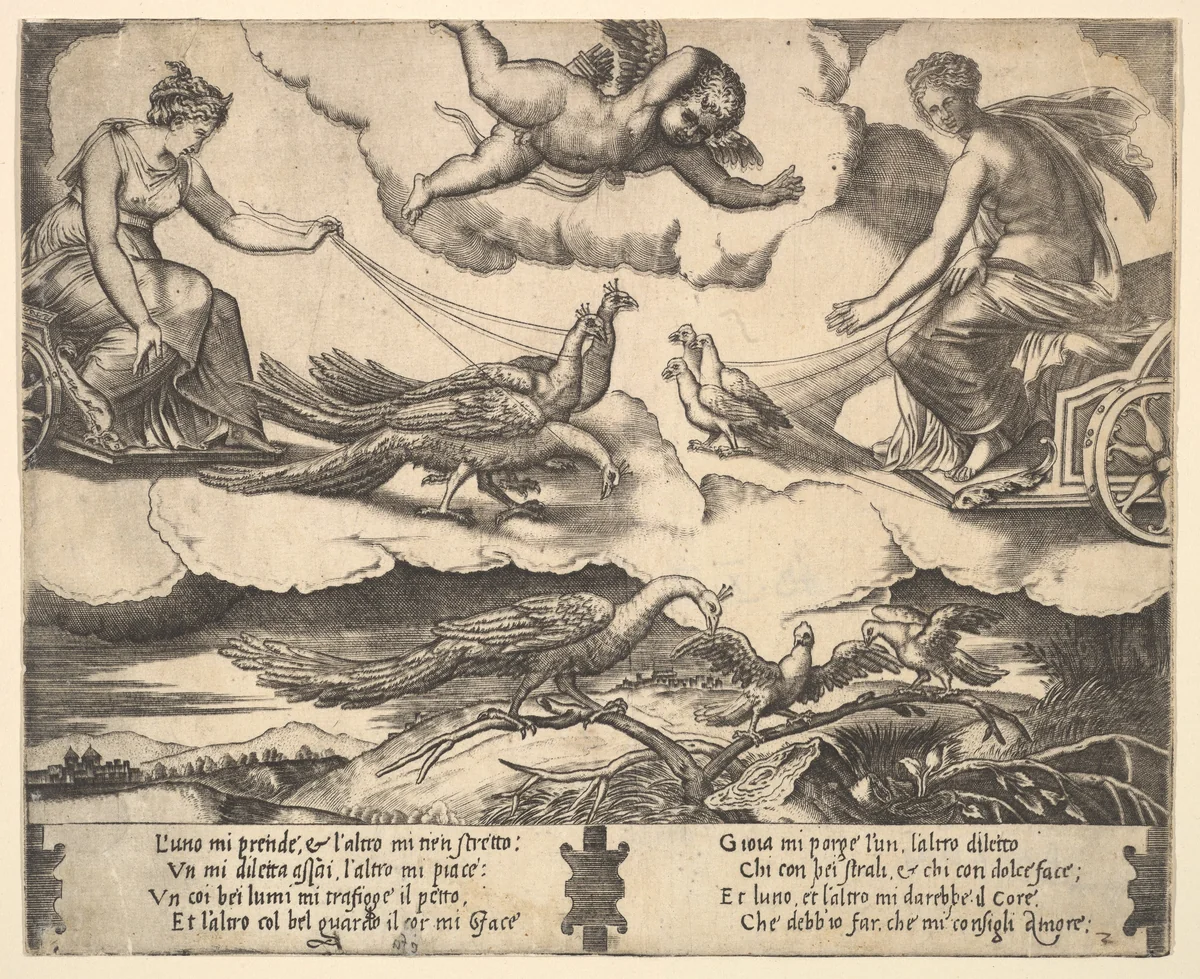 Allegory of Marriage and Love; Juno in a chariot drawn by peacocks at left, Venus in a chariot drawn by three doves at the right by Master of the Die, print, 1530-1560
