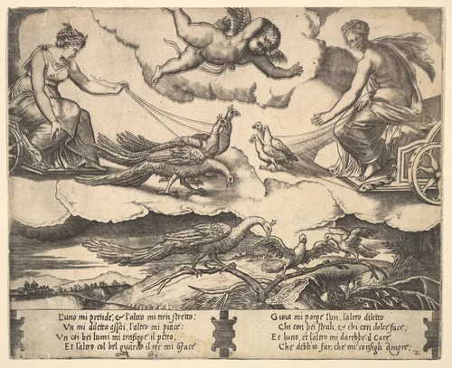 Allegory of Marriage and Love; Juno in a chariot drawn by peacocks at left, Venus in a chariot drawn by three doves at the right by Master of the Die, print, 1530-1560
