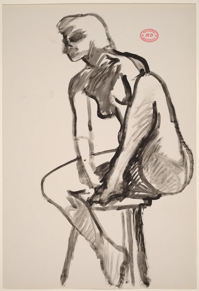 Untitled [female nude in stool with left foot on seat] by Richard Diebenkorn, drawing, 1955-1967