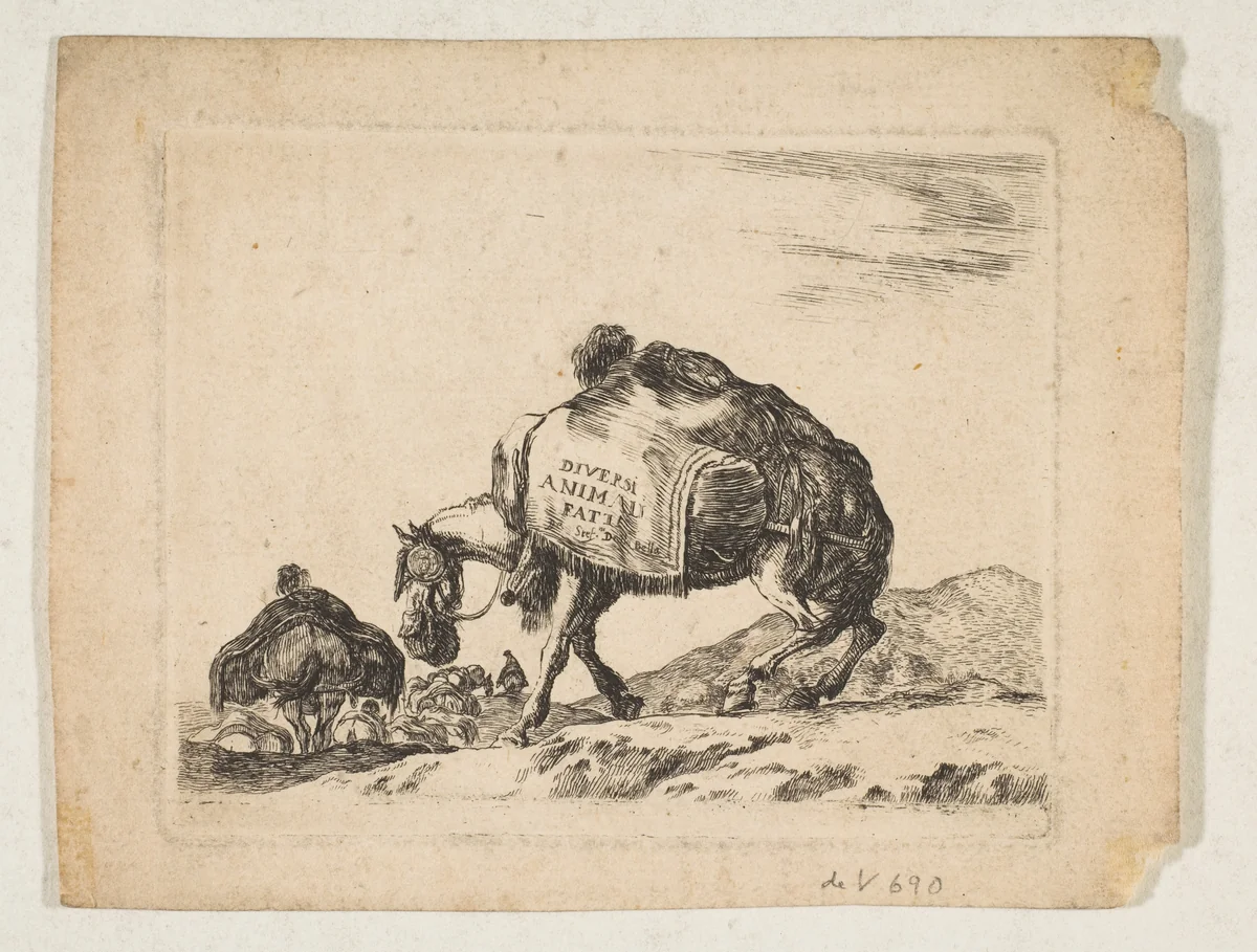Plate 1: a pack horse, from "Various animals" (Diversi animali) by Stefano della Bella, print, 1636-1646
