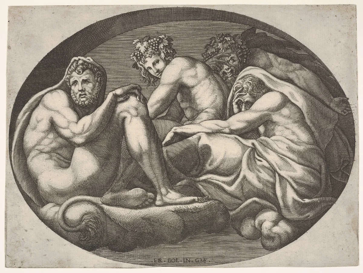 Hercules, Bacchus, Pan, and another god seated on a cloud under an arch, an oval composition, from a series of eight compositions after Francesco Primaticcio's designs for the ceiling of the Ulysses Gallery (destroyed 1738-39) at Fontainebleau by Giorgio Ghisi, print, 1560-1569