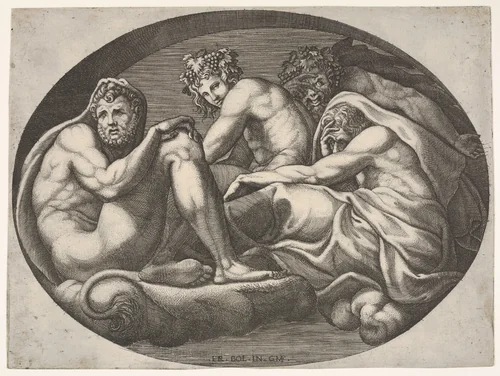 Hercules, Bacchus, Pan, and another god seated on a cloud under an arch, an oval composition, from a series of eight compositions after Francesco Primaticcio's designs for the ceiling of the Ulysses Gallery (destroyed 1738-39) at Fontainebleau by Giorgio Ghisi, print, 1560-1569