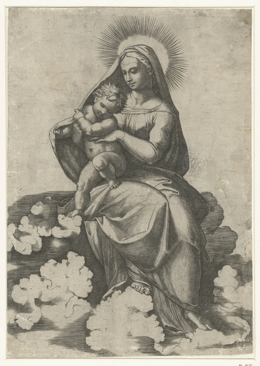 Maria met kind zittend op wolken by Unknown, print, 1515-1516