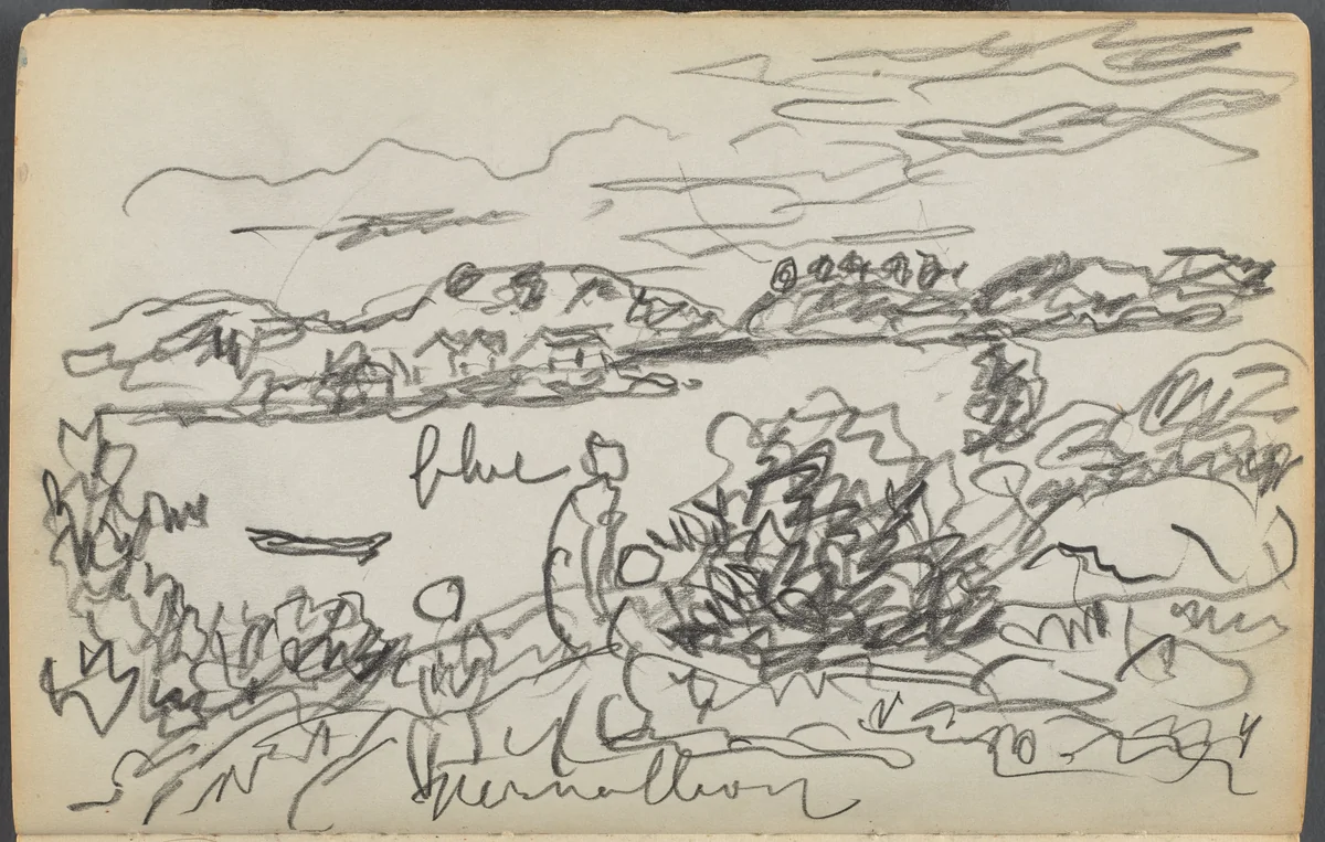 Sketchbook- The Granite Shore Hotel, Rockport, page 020: Harbor View by Maurice Prendergast, book, 1916-1919