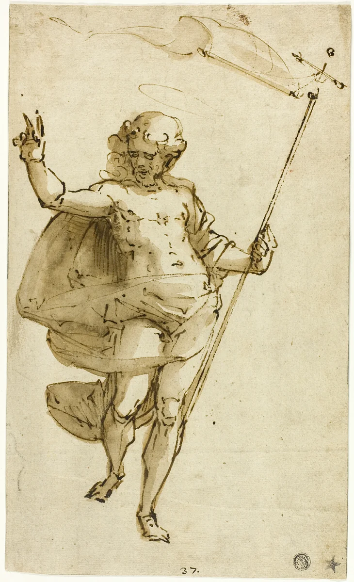 Resurrected Christ by Luca Cambiaso, drawing, 1557-1561