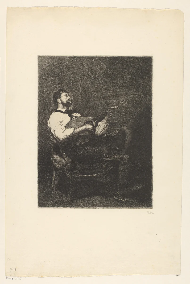 Gitaarspeler op een stoel by François Bonvin, print, 1887