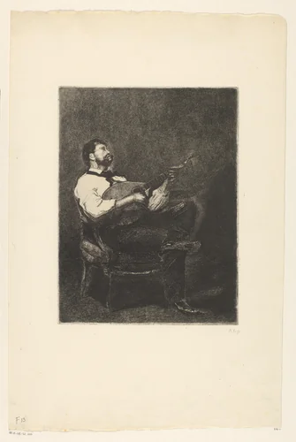 Gitaarspeler op een stoel by François Bonvin, print, 1887