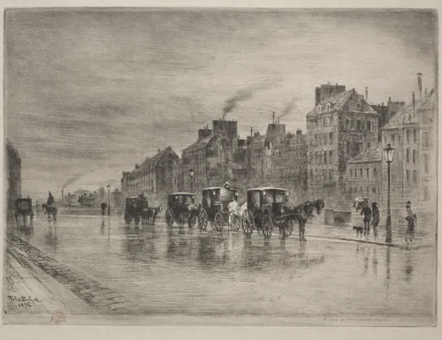 A Winter Morning on the Quai de l'Hôtel -Dieu by Félix Hilaire Buhot, print, 1876