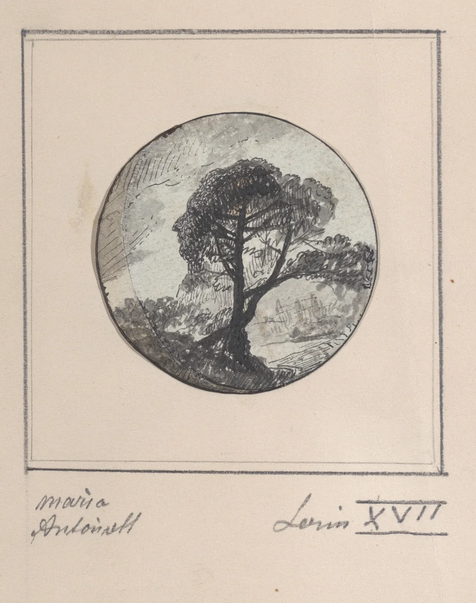 Landscape with hidden silhouettes of Marie Antoinette and the Dauphin by anonymous, drawing, 1794-1815