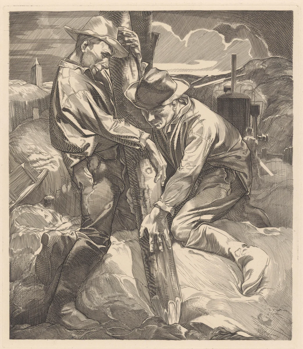 Bouwarbeiders bezig met heiwerk by Johannes Josephus Aarts, print, 1881-1934