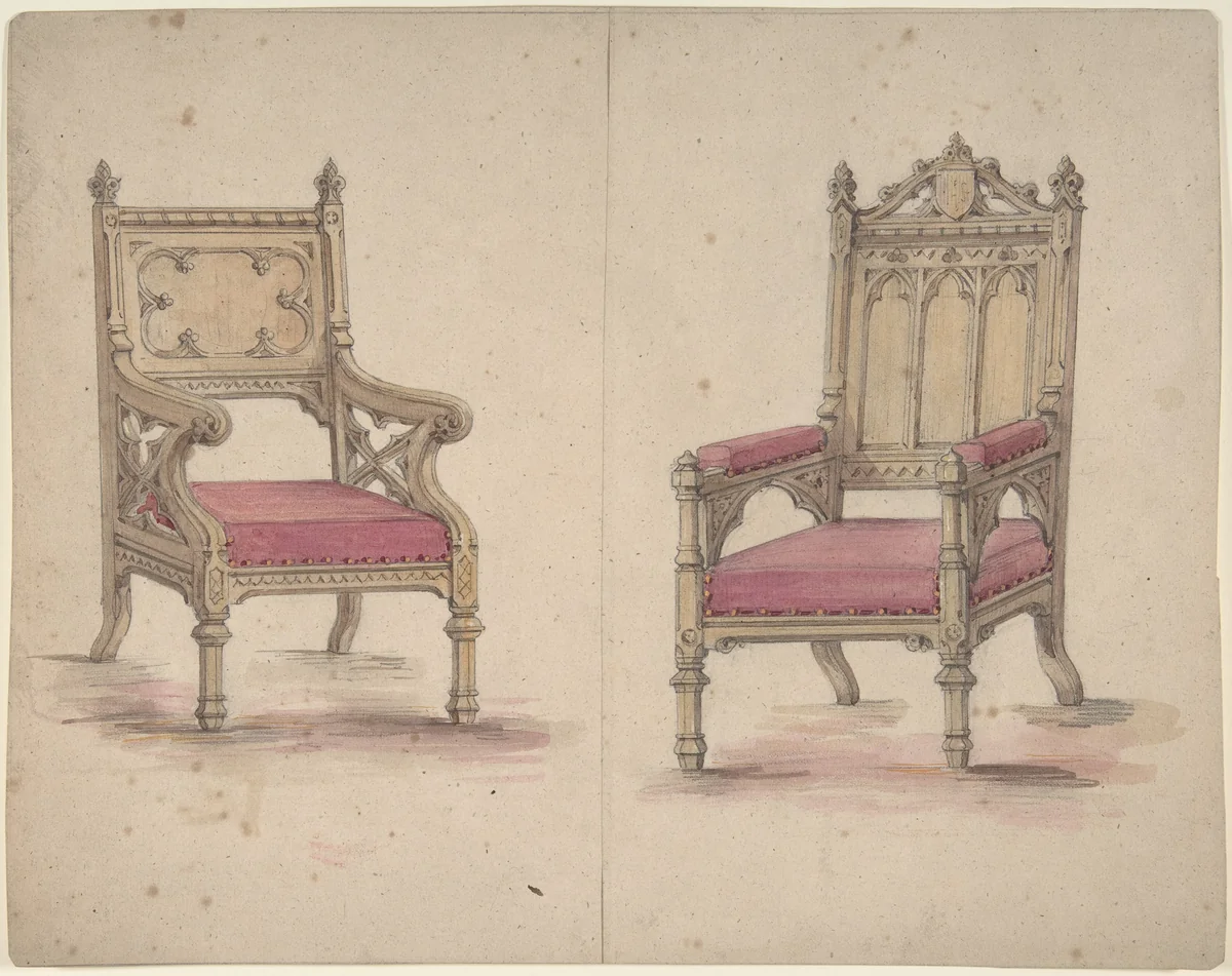 Designs for Two Gothic Style Chairs by anonymous, drawing, 1800-1900