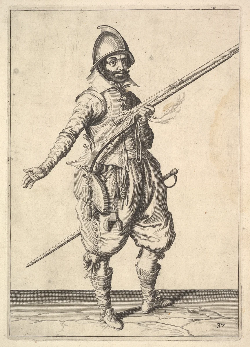 A soldier on guard freeing his right hand, from the Marksmen series, plate 37, in "Wapenhandelinghe van Roers Musquetten Ende Spiessen" (The Exercise of Arms) by Jacques de Gheyn II, print, 1575-1629
