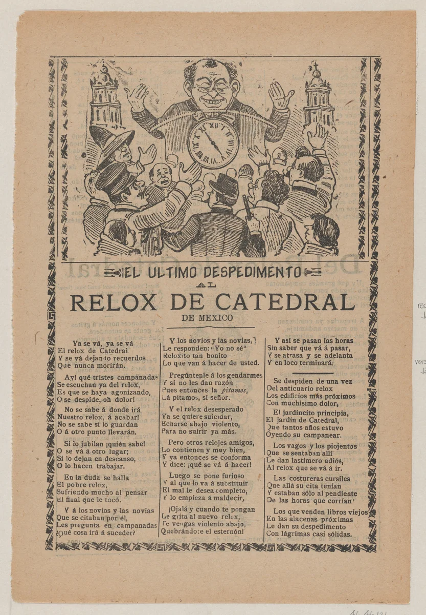 Broadsheet relating to the new clock installed in the cathedral in Mexico City in June 1905 by José Guadalupe Posada, print, 1905