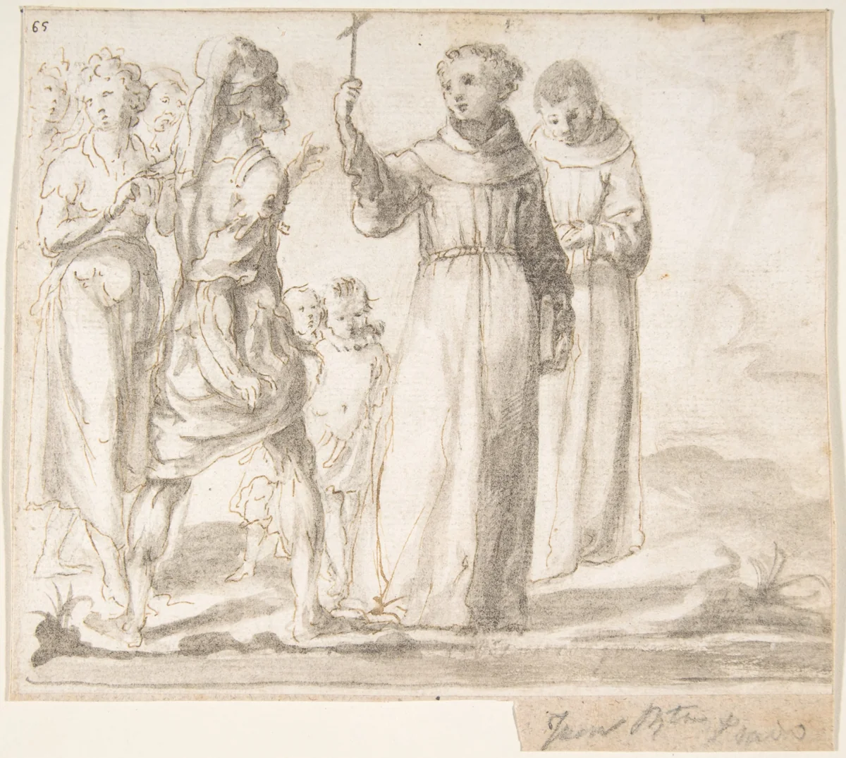 Figure of Monk Preaching to a Group of Figures by anonymous, drawing, 1600-1700