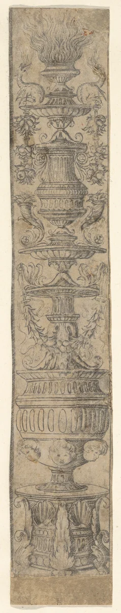Decorative border panel with a flaming candelabra ornamented with shells, swags and heads of putti, from Life of the Virgin and Christ by Francesco Rosselli, print, 1490-1500