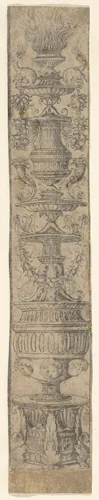 Decorative border panel with a flaming candelabra ornamented with shells, swags and heads of putti, from Life of the Virgin and Christ by Francesco Rosselli, print, 1490-1500