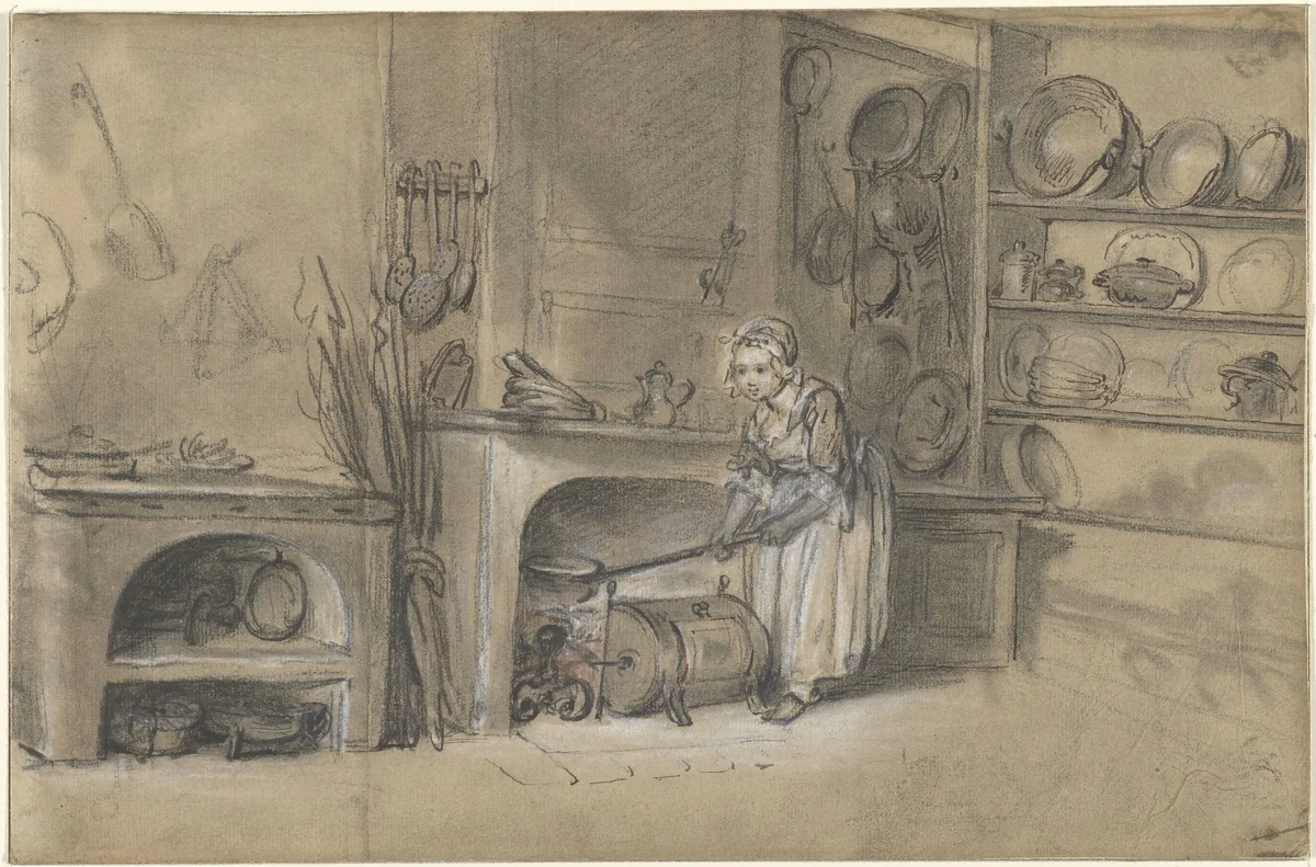 Kitchen-sene with a Girl frying Pancakes by Louis Aubert, drawing, 1740-1780