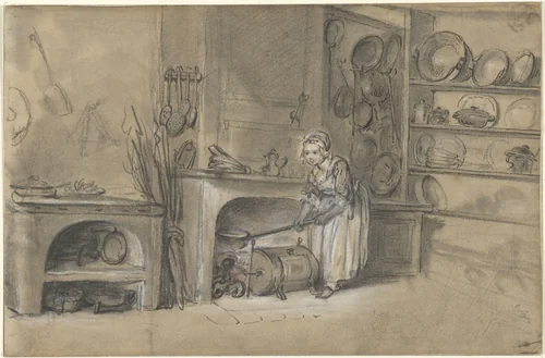Kitchen-sene with a Girl frying Pancakes by Louis Aubert, drawing, 1740-1780