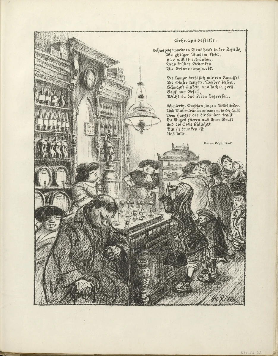 Schnapps Saloon (Schnapsdestille) (plate, folio 33) from the periodical Der Bildermann, vol. 1, no. 16 (November 1916) by Heinrich Zille, periodical, 1916