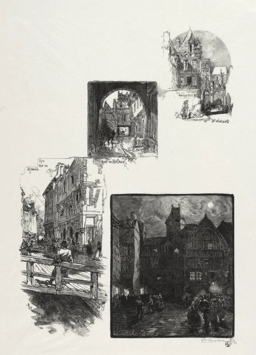 Rouen Illustré: Rue des Charretes; Rue de Halage; Rue Eau de Robec; Place des Arts by Auguste Louis Lepère, print, 1896