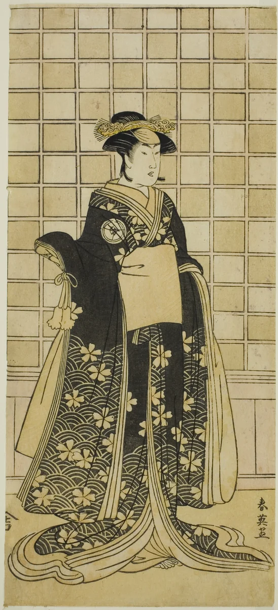 The Actor Iwai Kiyotaro II as Lady Itohagi (?) in the Play Genji Saiko Kogane Tachibana (?), Performed at the Ichimura Theater (?) in the Eleventh Month, 1788 (?) by Katsukawa Shun'ei (勝川春英), print, 1783-1793