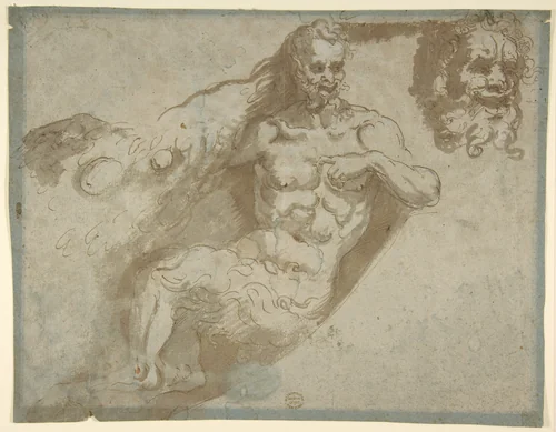 Seated satyr, with enlarged head of same (recto); Head of a woman (verso) by Pellegrino Tibaldi, drawing, 1527-1596