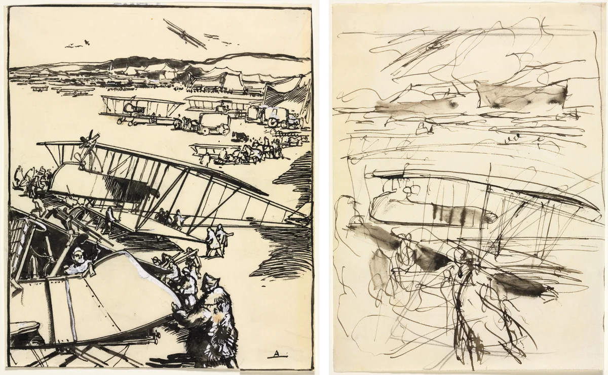 Avions reposant sur le terrain (recto and verso) by Auguste Louis Lepère, drawing, 1914