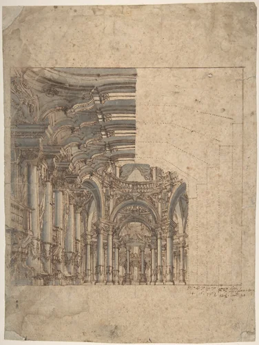 Framed Unfinished Design of a Baroque Church Interior by Giovanni Maria Galli Bibiena, drawing, 1725-1769