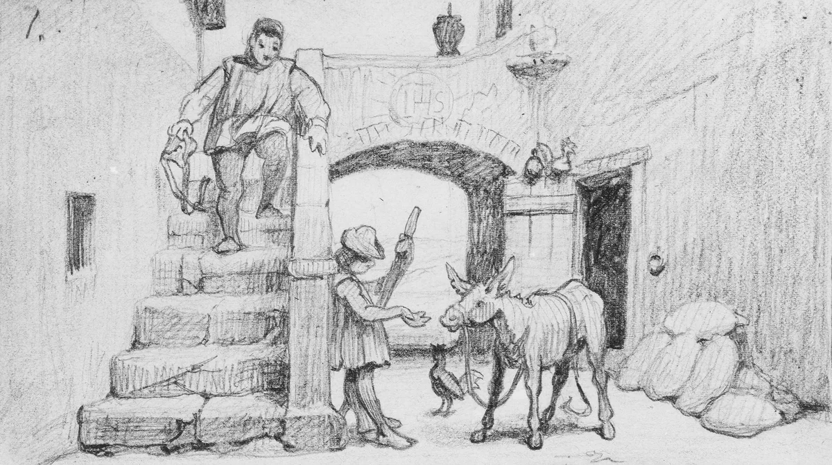 The Fable of the Miller, His Son and the Donkey No. 1 by Elihu Vedder, artwork, 1860